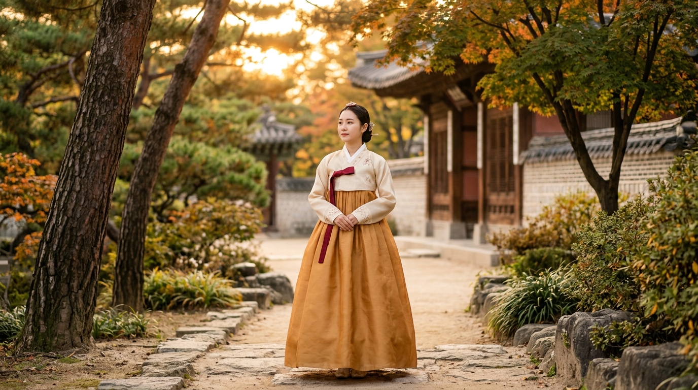 Photorealistic photo of a fictional woman wearing a traditional korean hanbok in a palace garden, centered subject with a simple uncluttered composition, warm golden light, calm mood, 16:9 aspect ratio