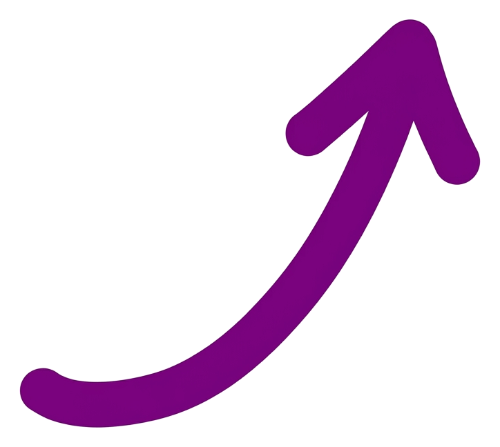 Rounded bold marker of a purple hand-drawn curved arrow, transparent background PNG