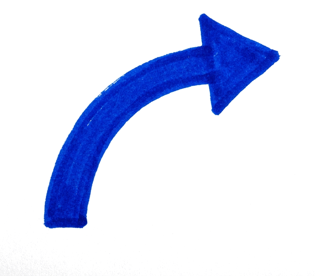 손으로 그린 곡선 화살표, 파란색, 손으로 그린 마커 느낌, 투명 배경(누끼) PNG