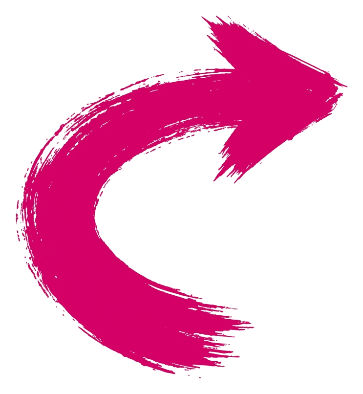 Dry brush stroke with rough edges of a pink hand-drawn curved arrow, transparent background PNG