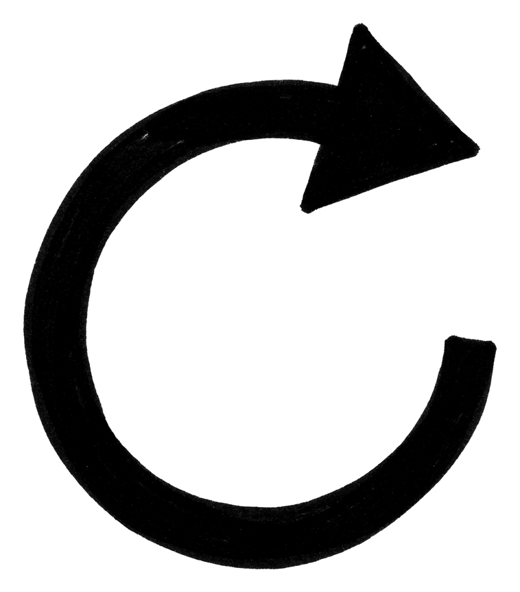 Black marker of a hand-drawn curved arrow, transparent background PNG
