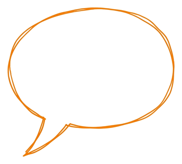 Thin pen line drawing of an orange empty hand-drawn speech bubble outline, transparent background PNG