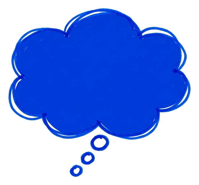 Thought bubble, blue marker of an empty hand-drawn speech bubble outline, transparent background PNG