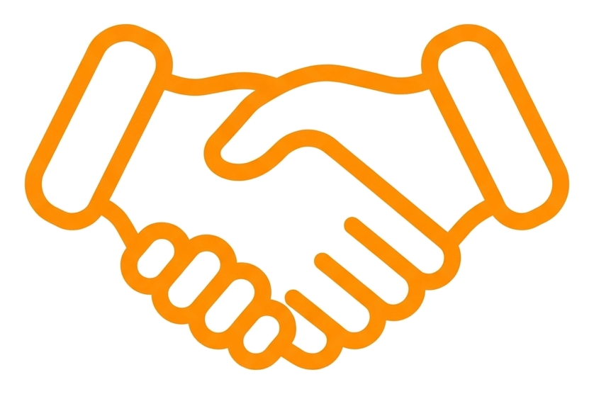 Rounded line icon, thick orange outline of a handshake partnership icon, transparent background PNG