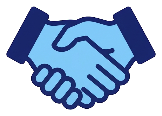 Duotone icon, navy blue and light blue of a handshake partnership icon, transparent background PNG
