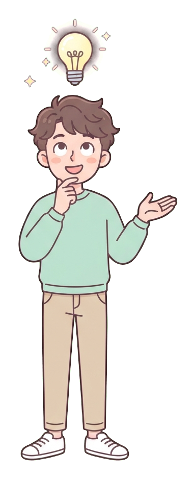 Simple cute flat cartoon illustration with soft pastel colors and thin clean dark outlines of a young man, person with a glowing light bulb above the head having a great idea, transparent background PNG