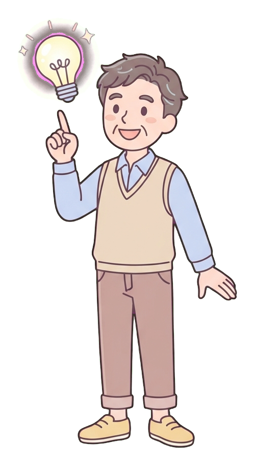 Simple cute flat cartoon illustration with soft pastel colors and thin clean dark outlines of a middle-aged man, person with a glowing light bulb above the head having a great idea, transparent background PNG
