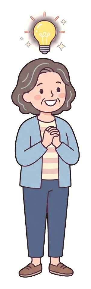 Simple cute flat cartoon illustration with soft pastel colors and thin clean dark outlines of a middle-aged woman, person with a glowing light bulb above the head having a great idea, transparent background PNG