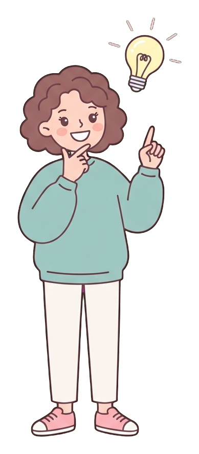 Simple cute flat cartoon illustration with soft pastel colors and thin clean dark outlines of a young woman, person with a glowing light bulb above the head having a great idea, transparent background PNG