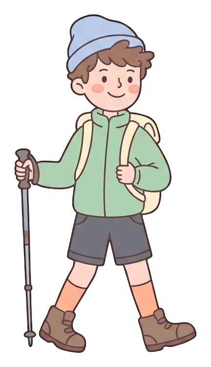 Simple cute flat cartoon illustration with soft pastel colors and thin clean dark outlines of a young man, hiker with a backpack and a trekking pole, transparent background PNG