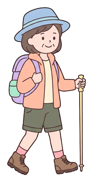 Simple cute flat cartoon illustration with soft pastel colors and thin clean dark outlines of a middle-aged woman, hiker with a backpack and a trekking pole, transparent background PNG