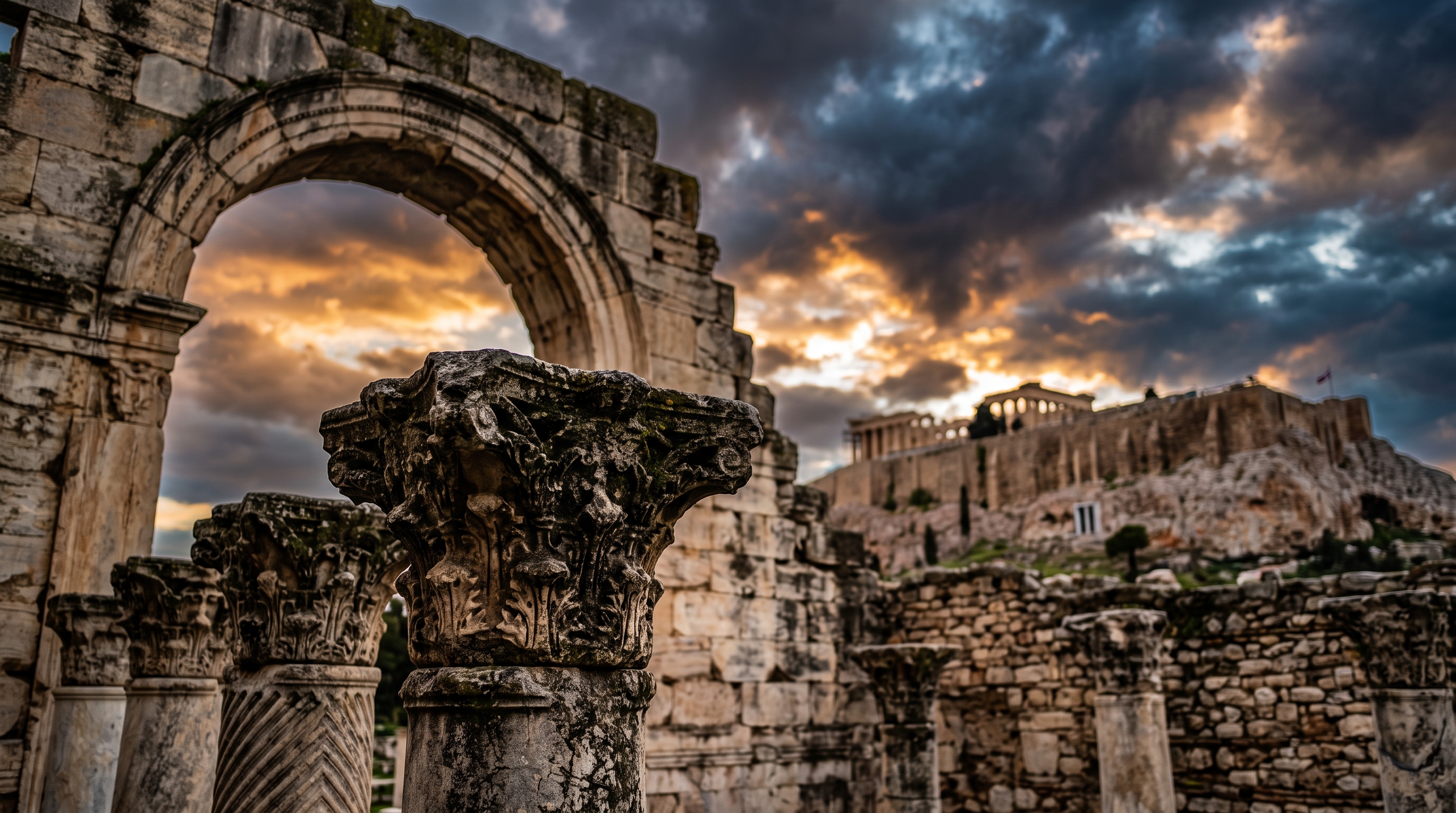Photorealistic photo of ancient ruins under a dramatic sky, close-up detail with shallow depth of field, vivid colors, high contrast, energetic, 16:9 aspect ratio