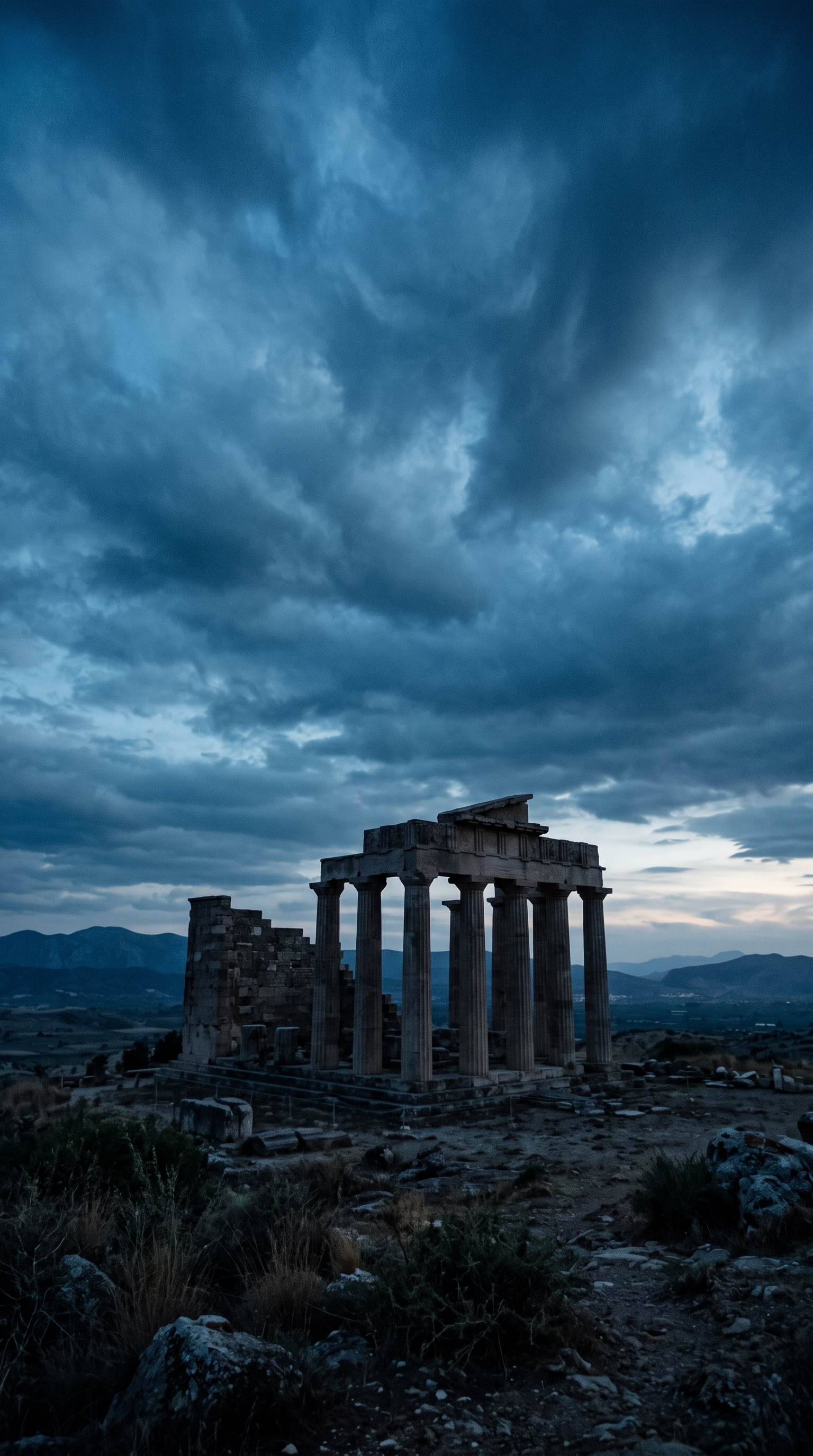Cinematic film still of ancient ruins under a dramatic sky, wide shot with open space at the top for text, cool blue tones, quiet atmosphere, 9:16 aspect ratio