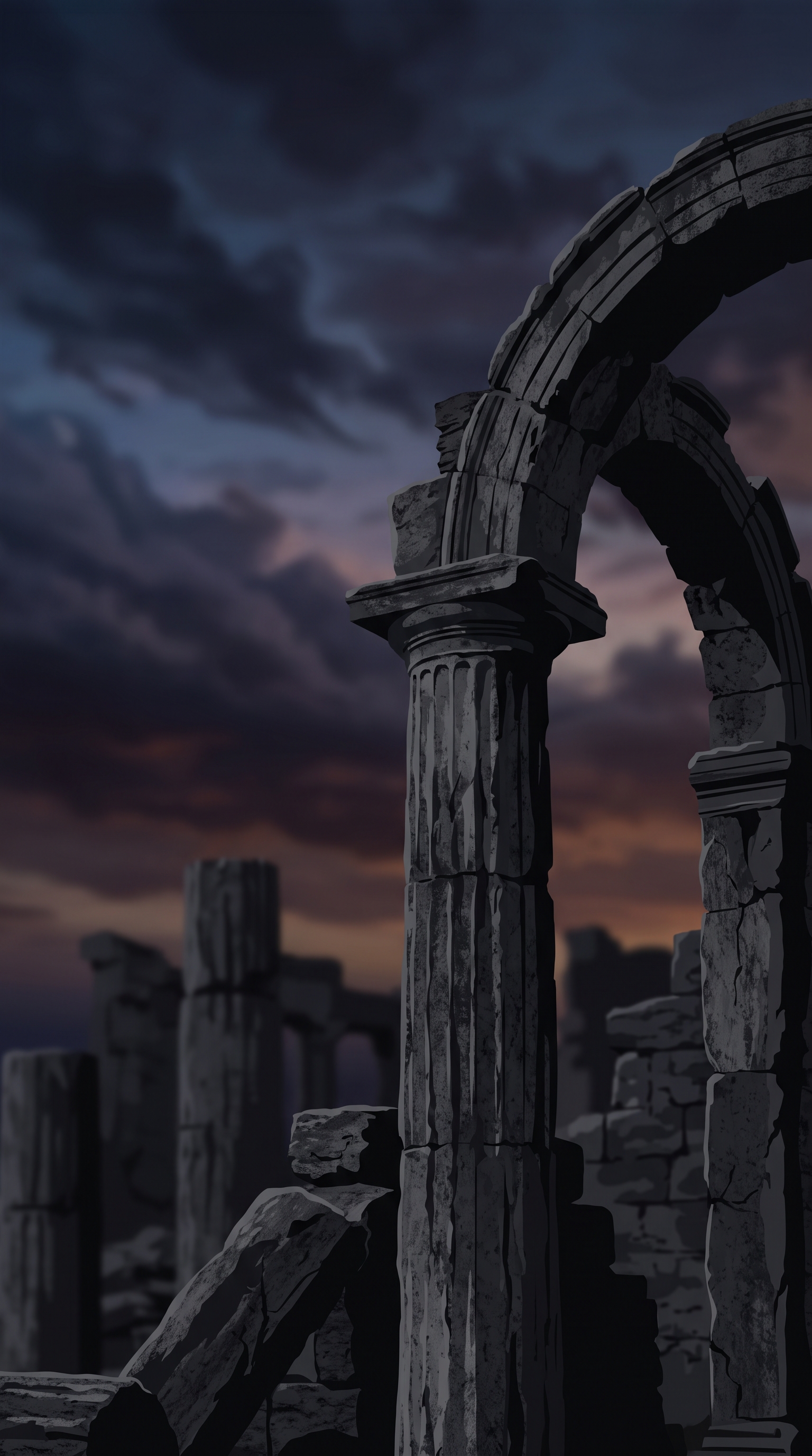 Minimal flat illustration of ancient ruins under a dramatic sky, close-up detail with shallow depth of field, moody dark tones, dramatic lighting, 9:16 aspect ratio