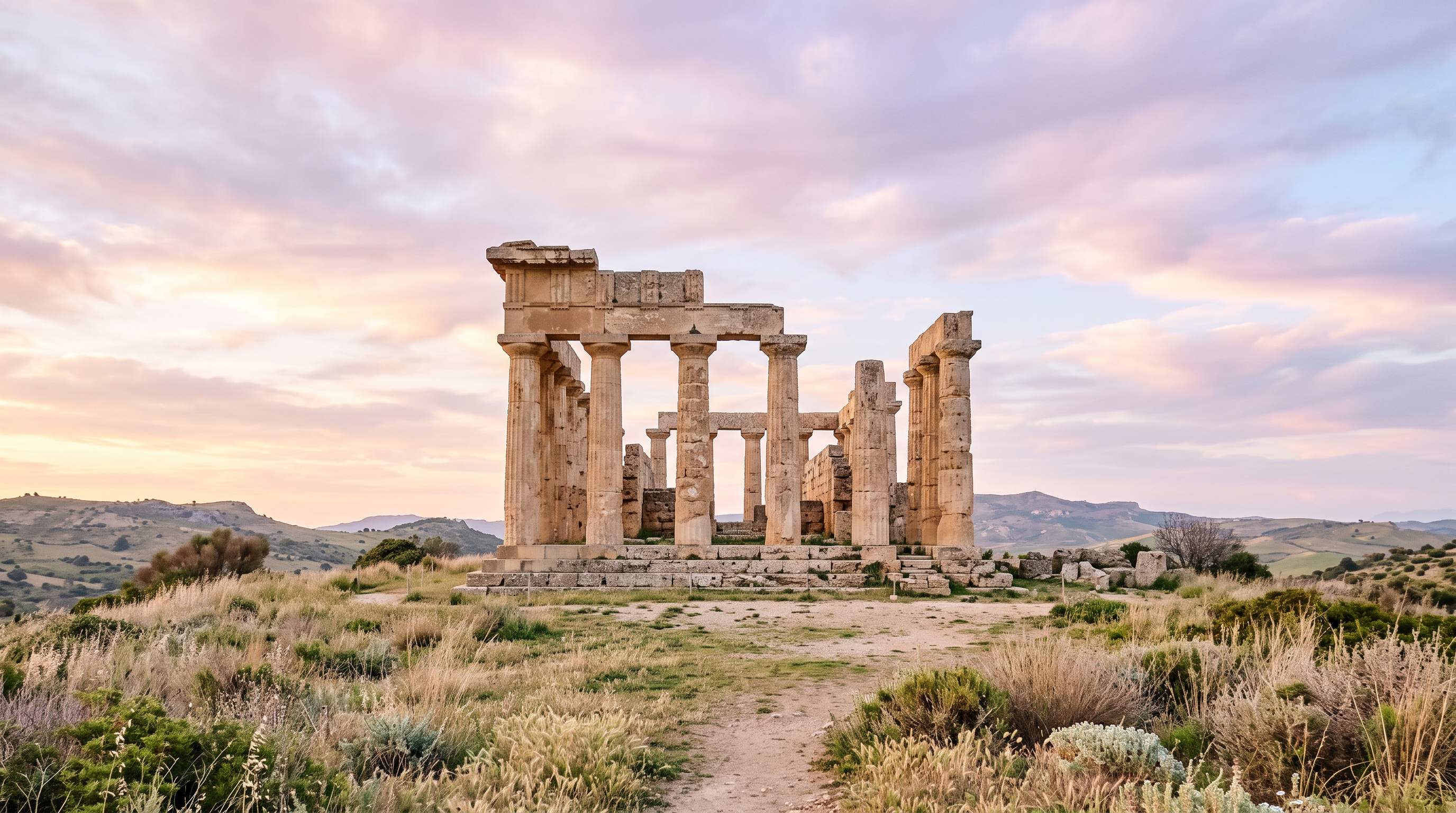 Photorealistic photo of ancient ruins under a dramatic sky, centered subject with a simple uncluttered composition, soft pastel colors, bright and cozy, 16:9 aspect ratio