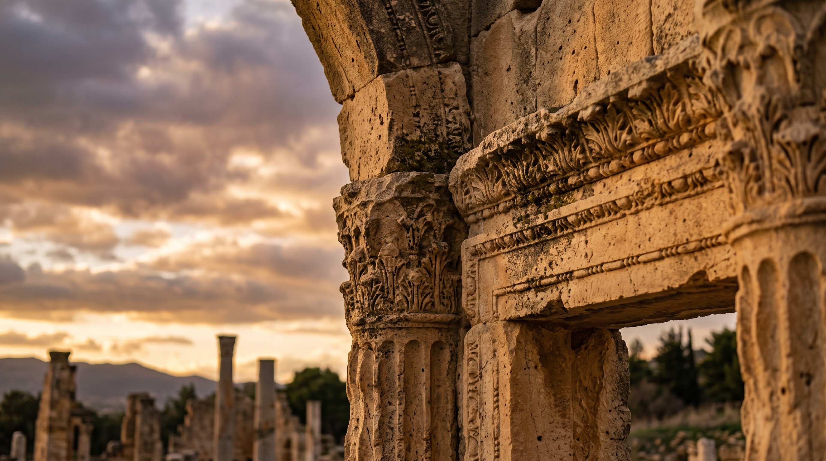Cinematic film still of ancient ruins under a dramatic sky, close-up detail with shallow depth of field, warm golden light, calm mood, 16:9 aspect ratio
