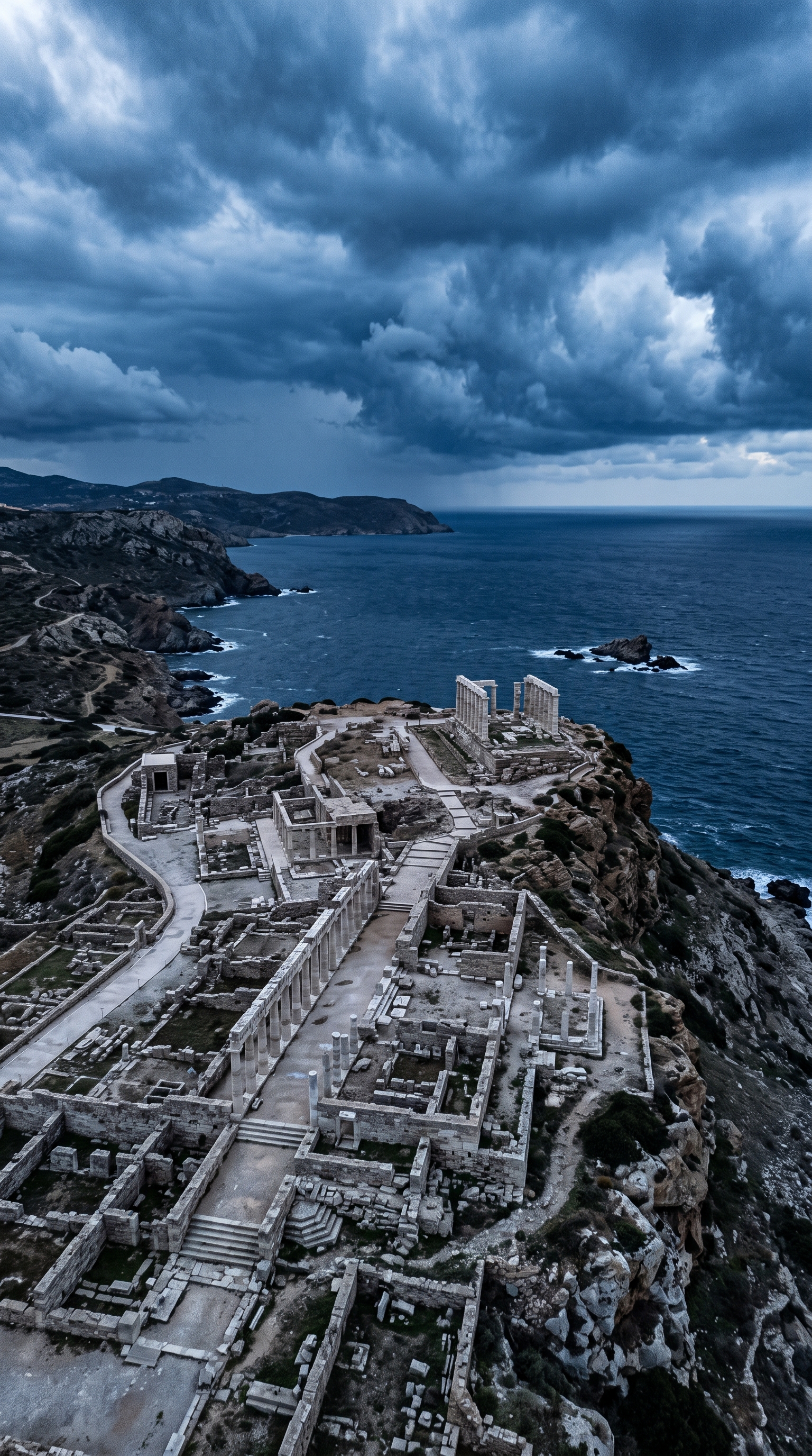 Photorealistic photo of ancient ruins under a dramatic sky, high-angle view from above, cool blue tones, quiet atmosphere, 9:16 aspect ratio