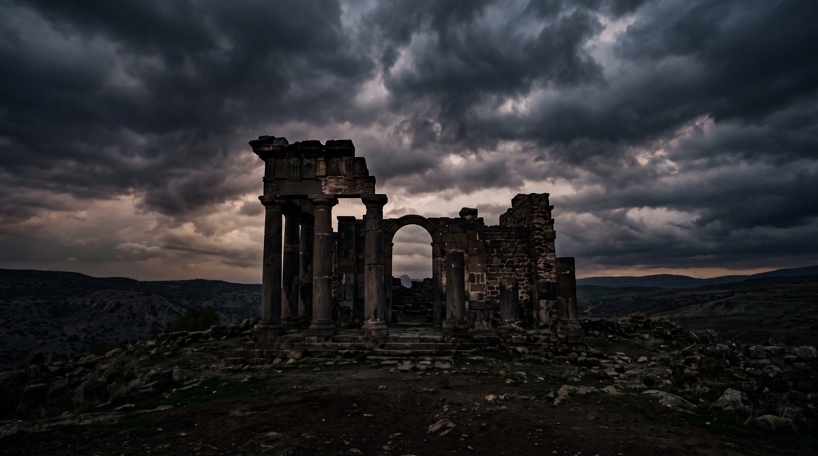 Cinematic film still of ancient ruins under a dramatic sky, centered subject with a simple uncluttered composition, moody dark tones, dramatic lighting, 16:9 aspect ratio