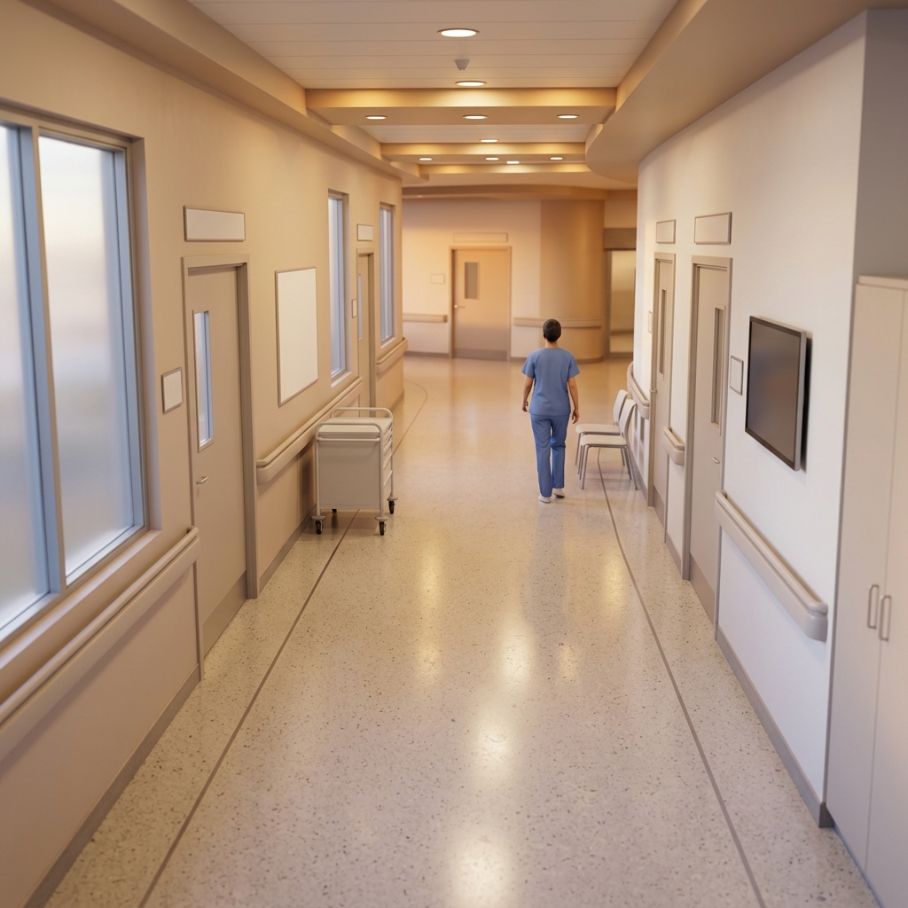 Soft 3d render of a clean modern hospital corridor, high-angle view from above, warm golden light, calm mood, 1:1 aspect ratio