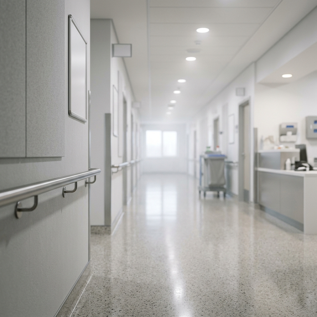Photorealistic photo of a clean modern hospital corridor, close-up detail with shallow depth of field, misty morning haze, dreamy, 1:1 aspect ratio