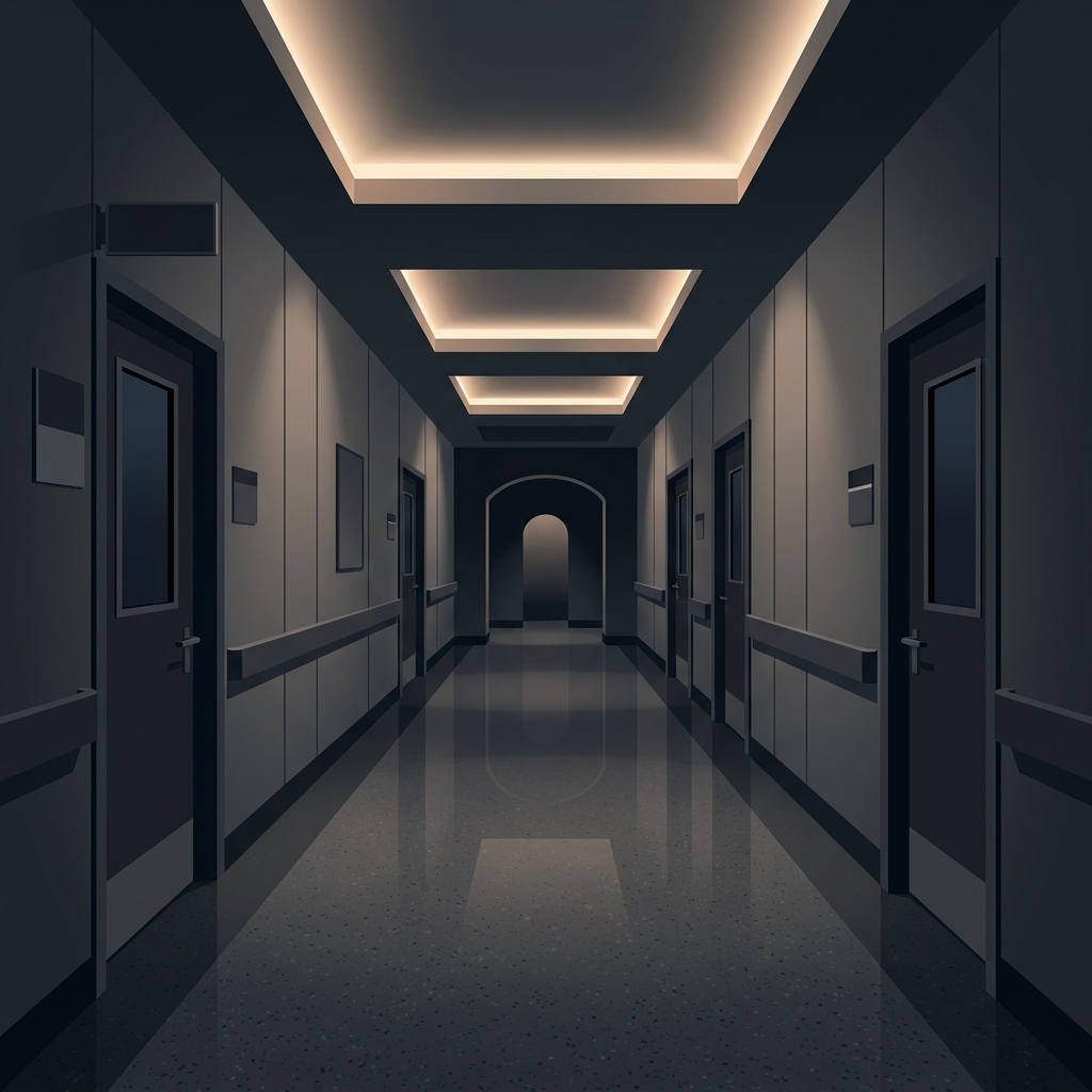 Minimal flat illustration of a clean modern hospital corridor, centered subject with a simple uncluttered composition, moody dark tones, dramatic lighting, 1:1 aspect ratio