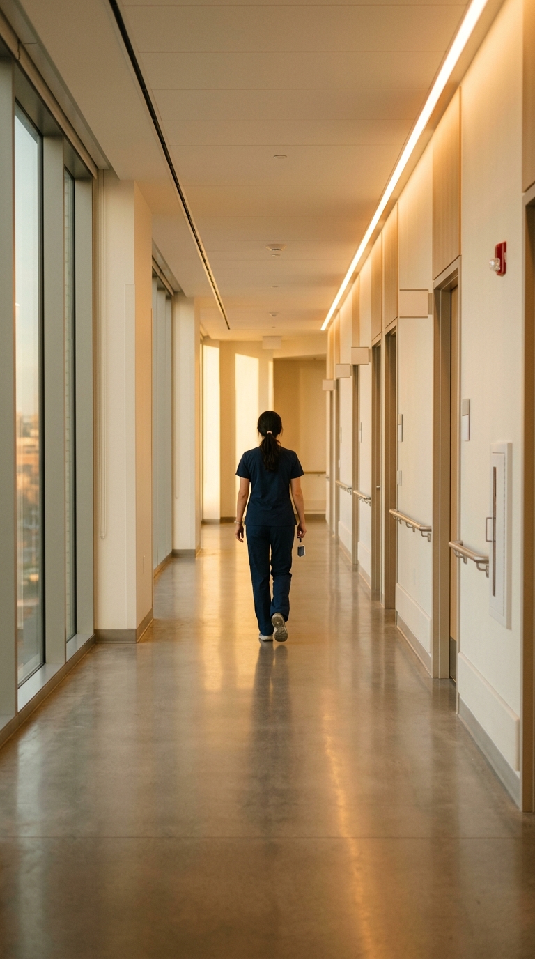 Cinematic film still of a clean modern hospital corridor, centered subject with a simple uncluttered composition, warm golden light, calm mood, 9:16 aspect ratio