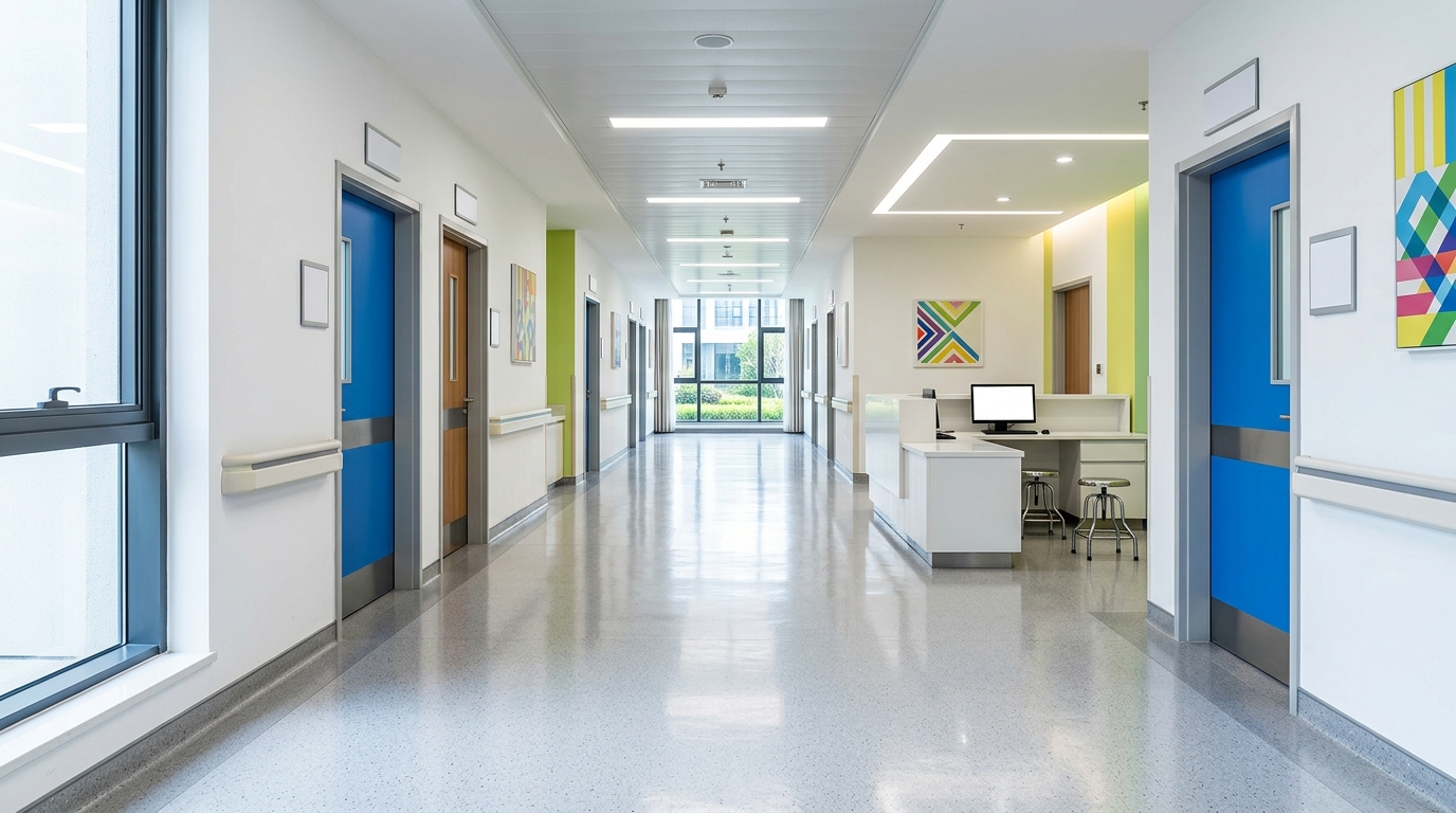 Photorealistic photo of a clean modern hospital corridor, centered subject with a simple uncluttered composition, vivid colors, high contrast, energetic, 16:9 aspect ratio