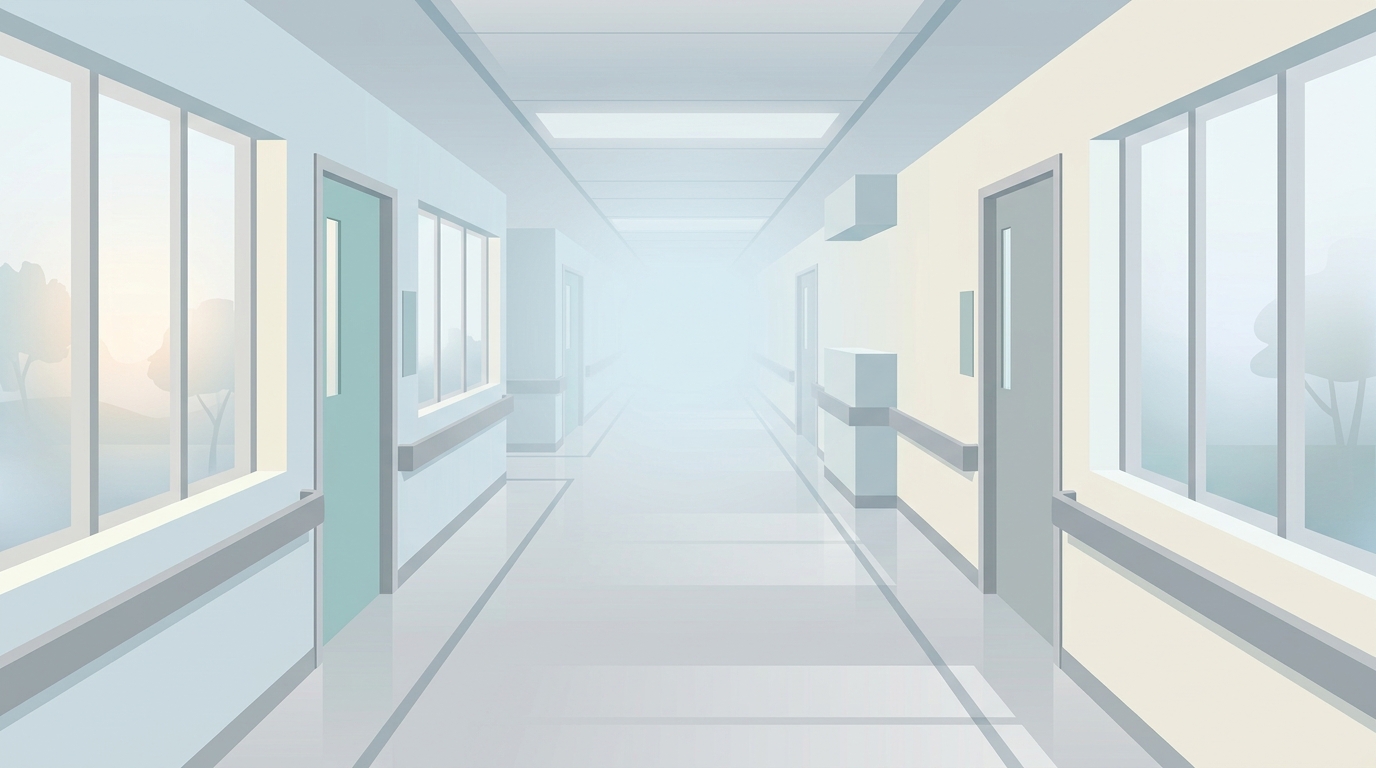 Minimal flat illustration of a clean modern hospital corridor, high-angle view from above, misty morning haze, dreamy, 16:9 aspect ratio