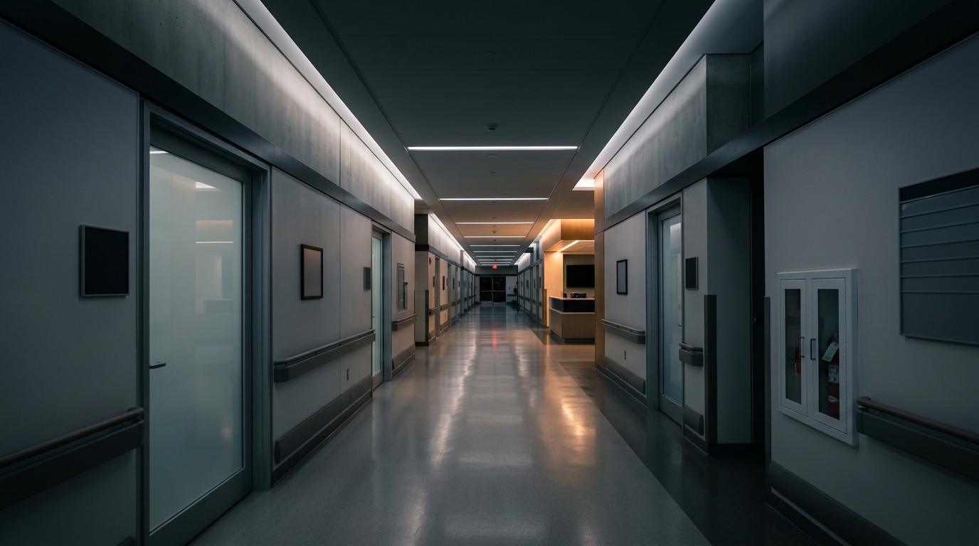 Photorealistic photo of a clean modern hospital corridor, wide shot with open space at the top for text, moody dark tones, dramatic lighting, 16:9 aspect ratio