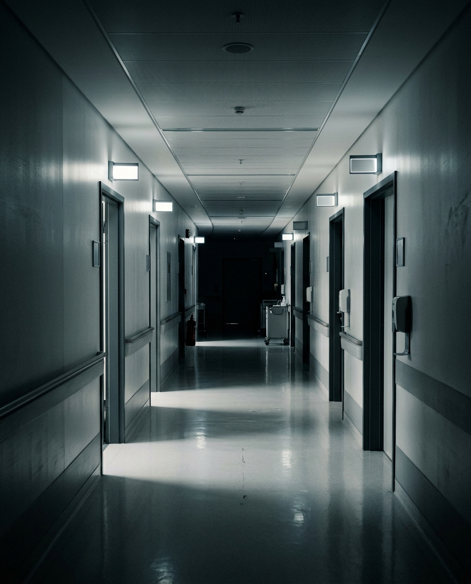 Cinematic film still of a clean modern hospital corridor, high-angle view from above, moody dark tones, dramatic lighting, 4:5 aspect ratio