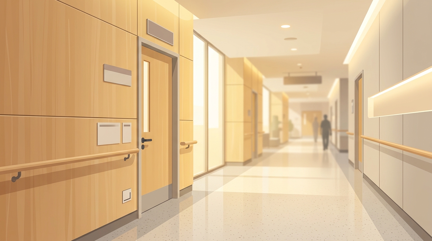 Minimal flat illustration of a clean modern hospital corridor, close-up detail with shallow depth of field, warm golden light, calm mood, 16:9 aspect ratio