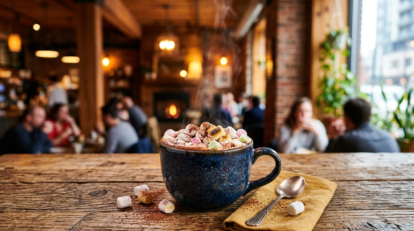 Photorealistic photo of mug of hot chocolate with marshmallows, wide shot with open space at the top for text, vivid colors, high contrast, energetic, 16:9 aspect ratio