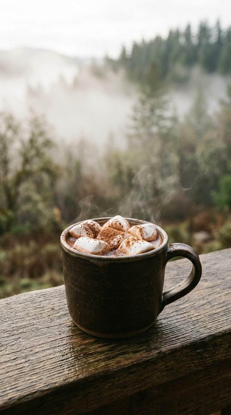 Cinematic film still of mug of hot chocolate with marshmallows, centered subject with a simple uncluttered composition, misty morning haze, dreamy, 9:16 aspect ratio