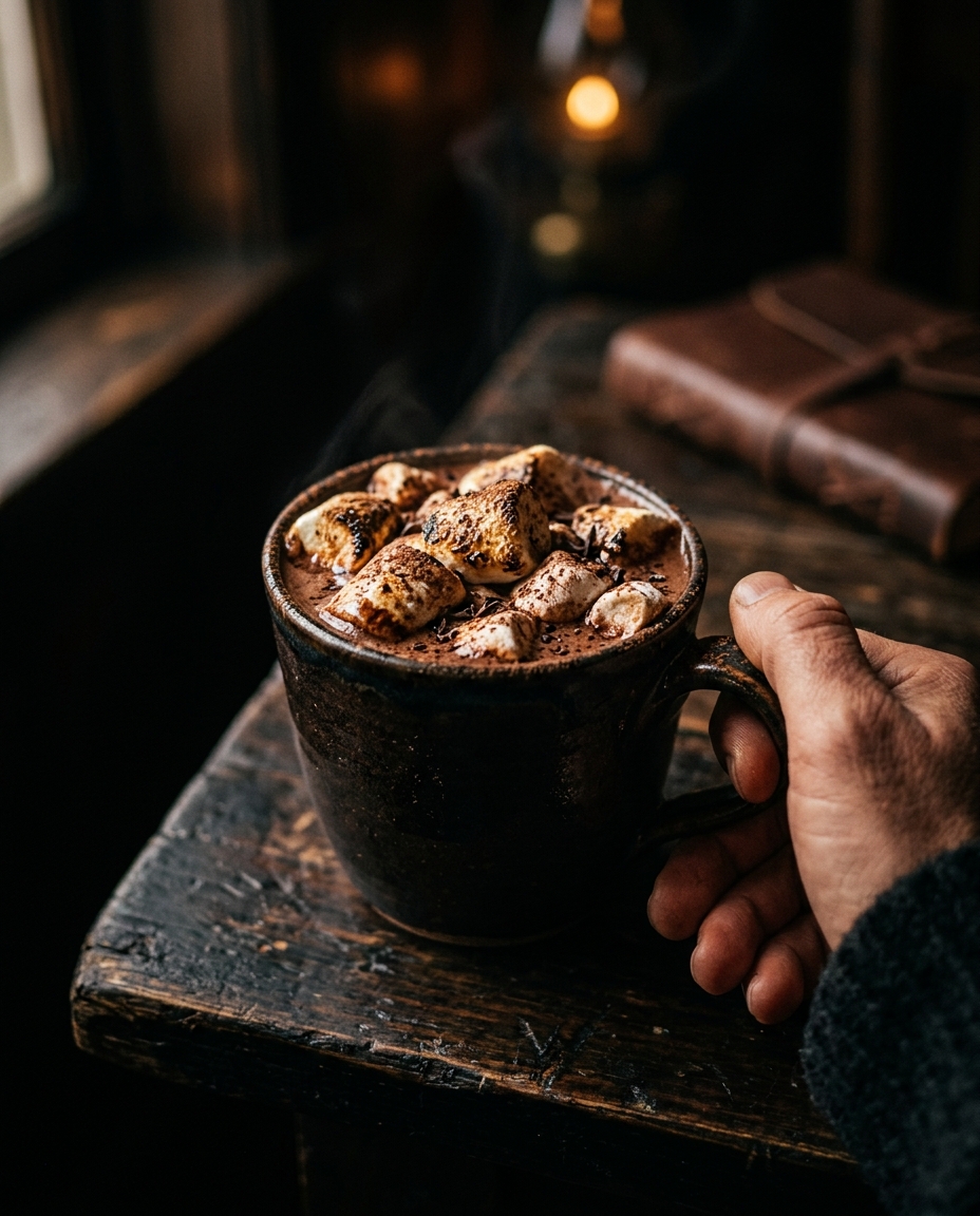 Cinematic film still of mug of hot chocolate with marshmallows, close-up detail with shallow depth of field, moody dark tones, dramatic lighting, 4:5 aspect ratio