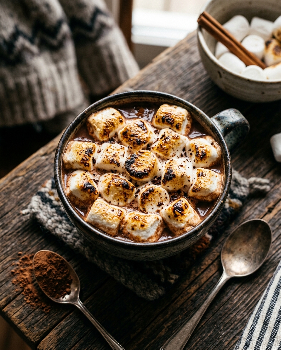Cinematic film still of mug of hot chocolate with marshmallows, high-angle view from above, vivid colors, high contrast, energetic, 4:5 aspect ratio