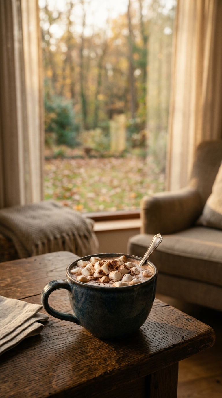 Cinematic film still of mug of hot chocolate with marshmallows, wide shot with open space at the top for text, warm golden light, calm mood, 9:16 aspect ratio