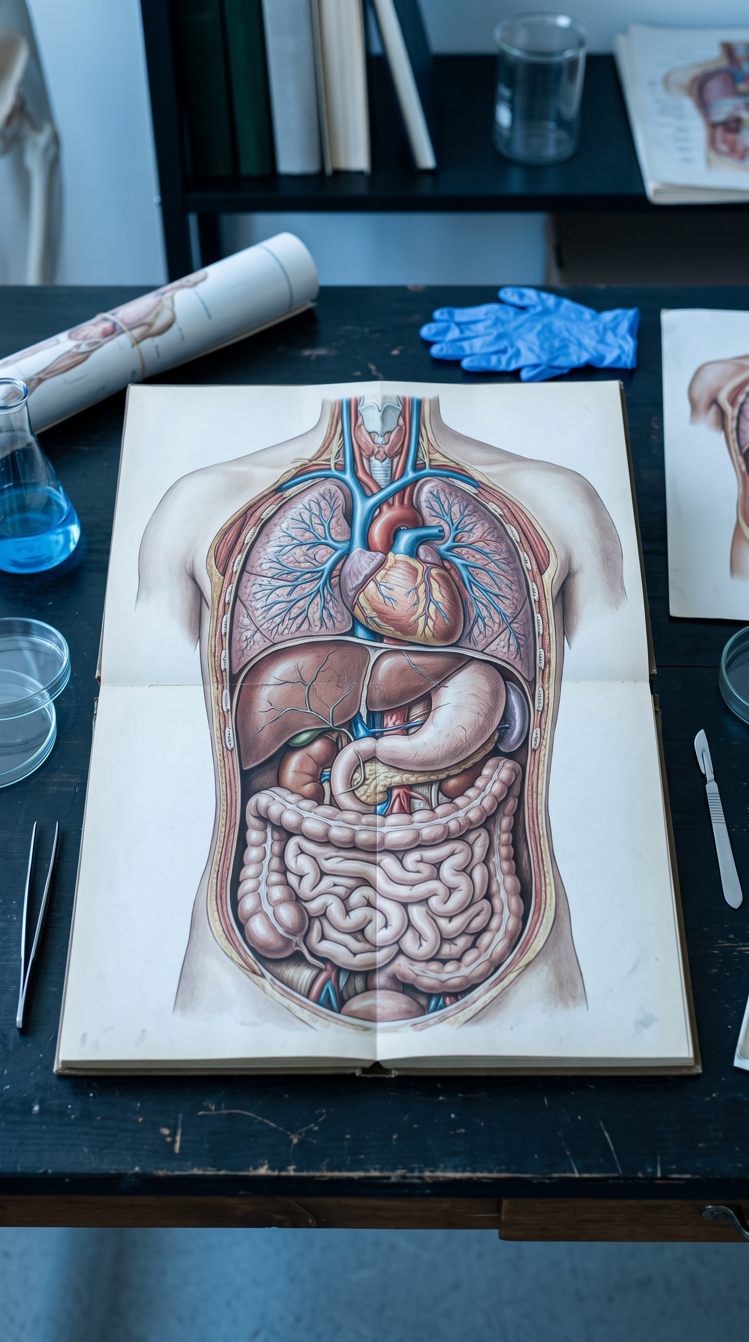Photorealistic photo of human anatomy illustration of internal organs, high-angle view from above, cool blue tones, quiet atmosphere, 9:16 aspect ratio