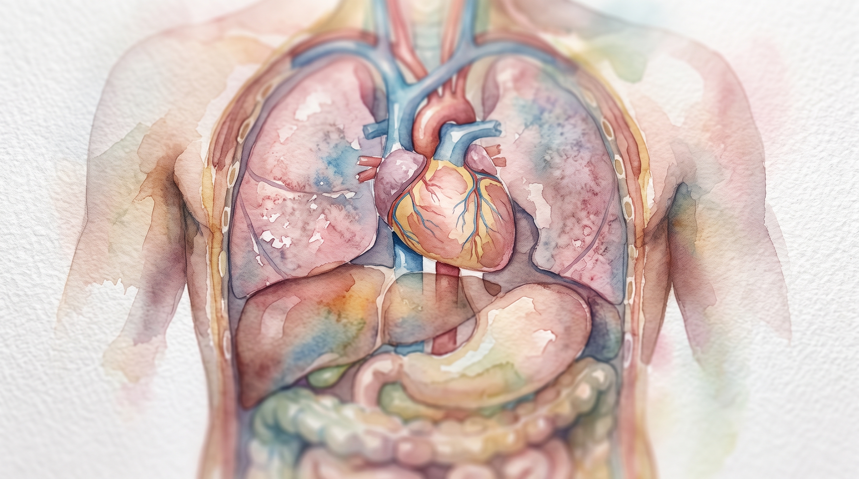Watercolor illustration of human anatomy illustration of internal organs, close-up detail with shallow depth of field, misty morning haze, dreamy, 16:9 aspect ratio