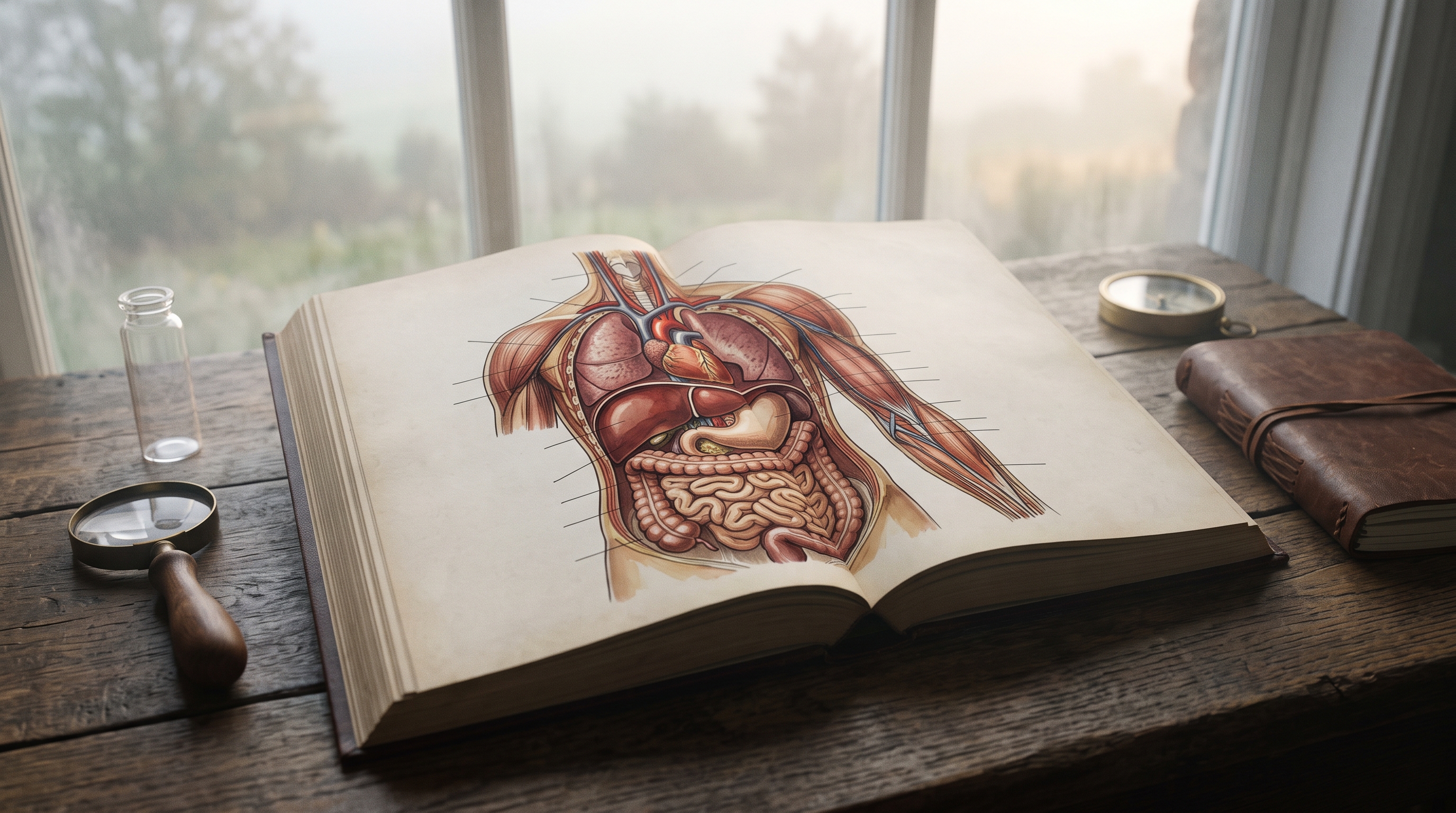 Cinematic film still of human anatomy illustration of internal organs, high-angle view from above, misty morning haze, dreamy, 16:9 aspect ratio