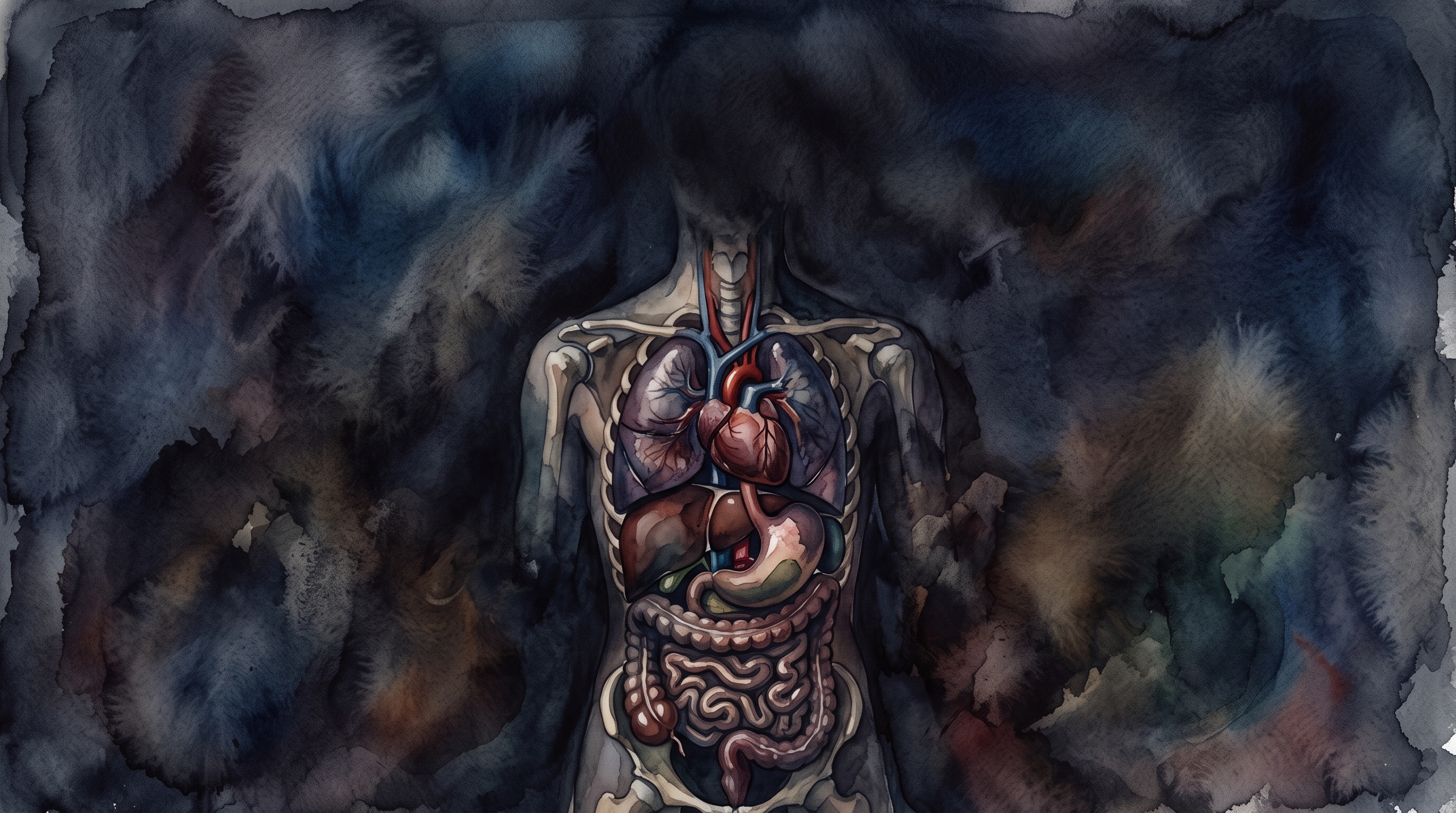 Watercolor illustration of human anatomy illustration of internal organs, wide shot with open space at the top for text, moody dark tones, dramatic lighting, 16:9 aspect ratio
