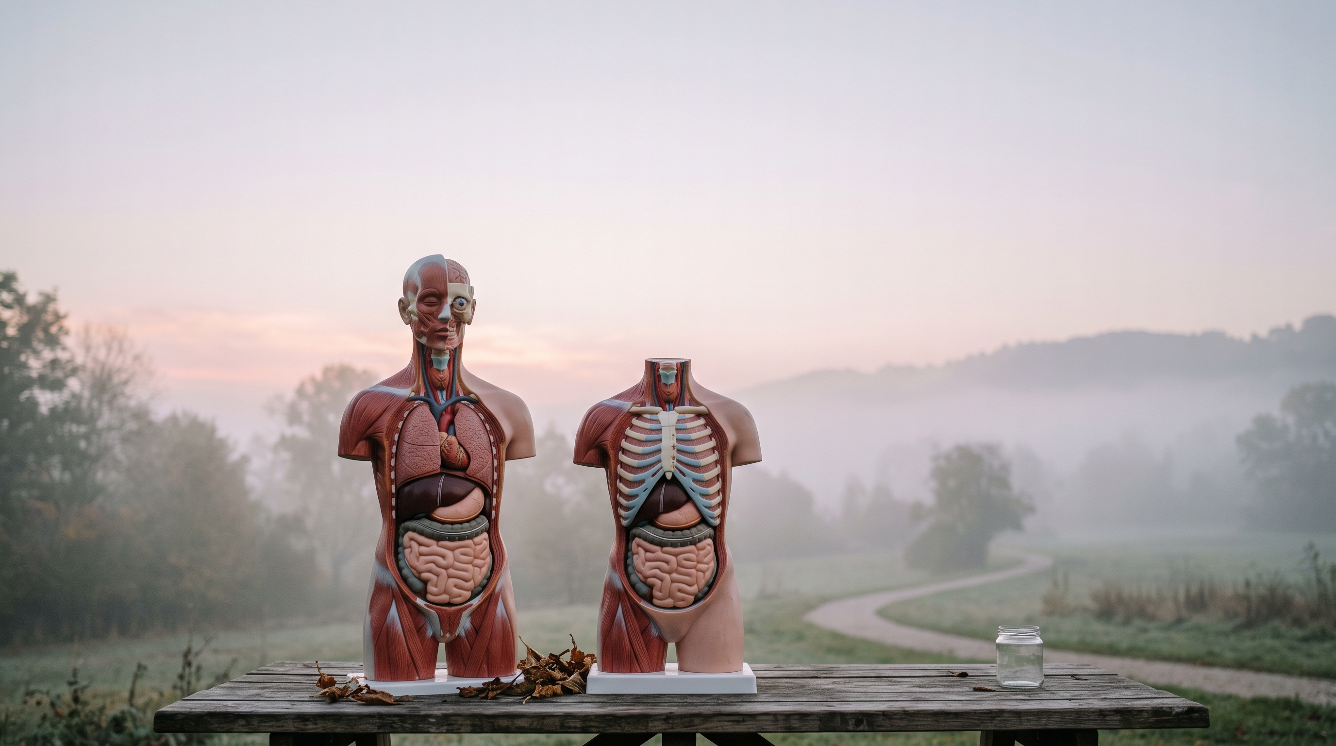 Photorealistic photo of human anatomy illustration of internal organs, wide shot with open space at the top for text, misty morning haze, dreamy, 16:9 aspect ratio
