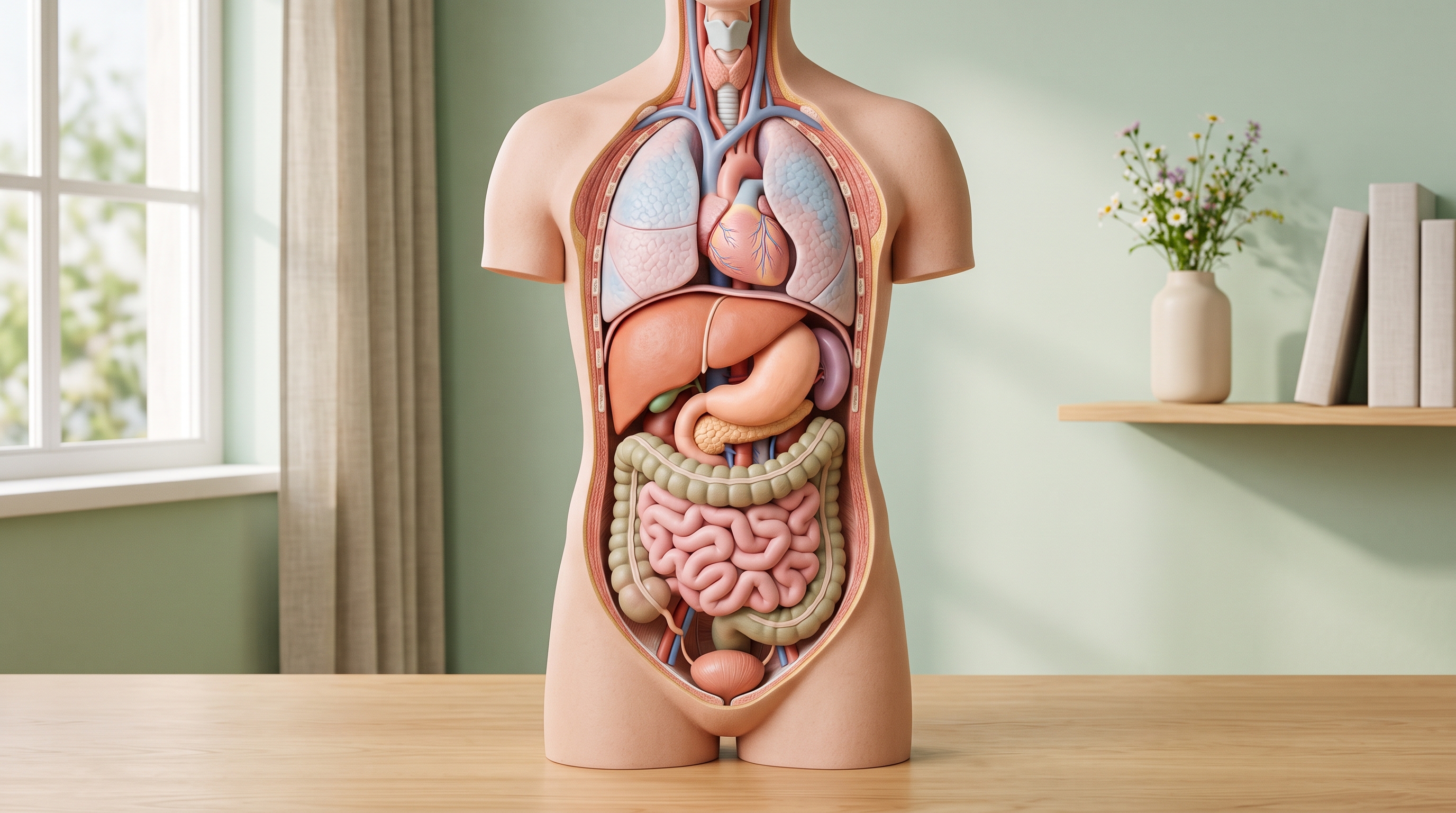 인체 장기 일러스트, 사실적인 사진, 단순하고 깔끔한 구도 가운데 놓인 피사체, 부드러운 파스텔 색감, 밝고 포근한 분위기, 16:9 비율