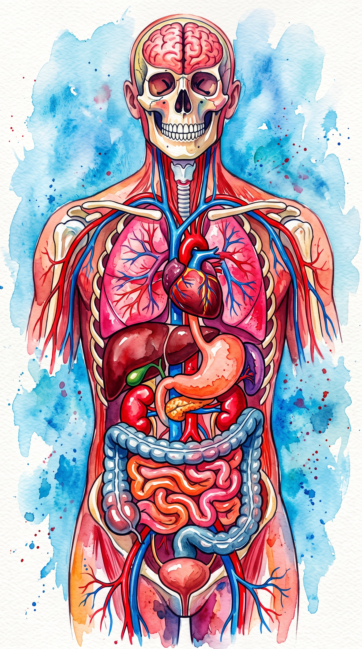 Watercolor illustration of human anatomy illustration of internal organs, centered subject with a simple uncluttered composition, vivid colors, high contrast, energetic, 9:16 aspect ratio