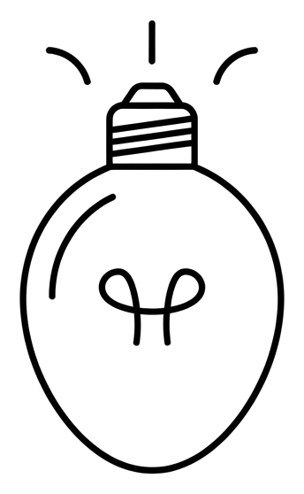 Thin black line icon, minimal outline of a light bulb idea icon, transparent background PNG