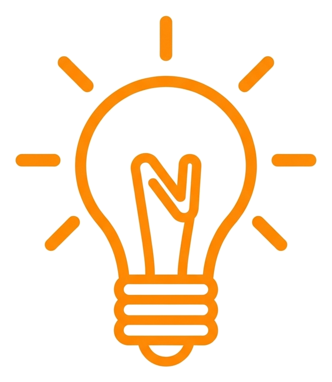Rounded line icon, thick orange outline of a light bulb idea icon, transparent background PNG
