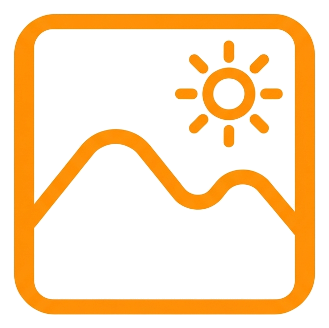 Rounded line icon, thick orange outline of a picture frame image icon with a mountain and sun, transparent background PNG