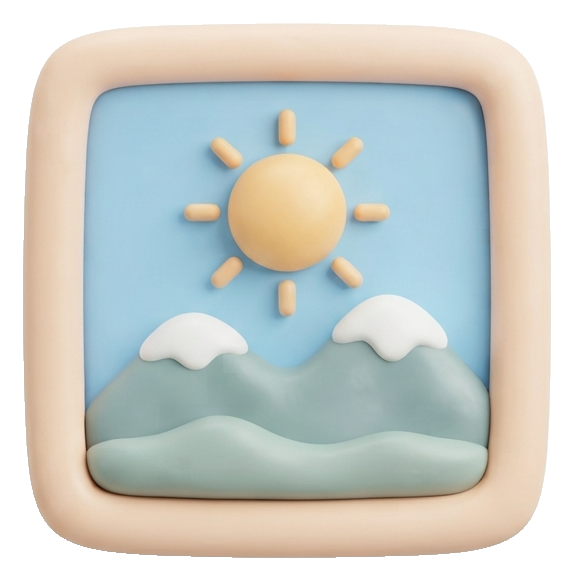 Soft 3D icon, pastel clay render of a picture frame image icon with a mountain and sun, transparent background PNG