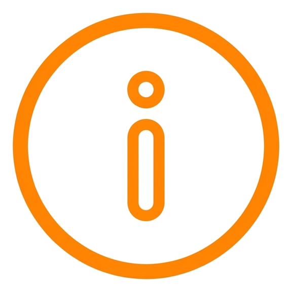 Rounded line icon, thick orange outline of a round information icon with a small i symbol, transparent background PNG