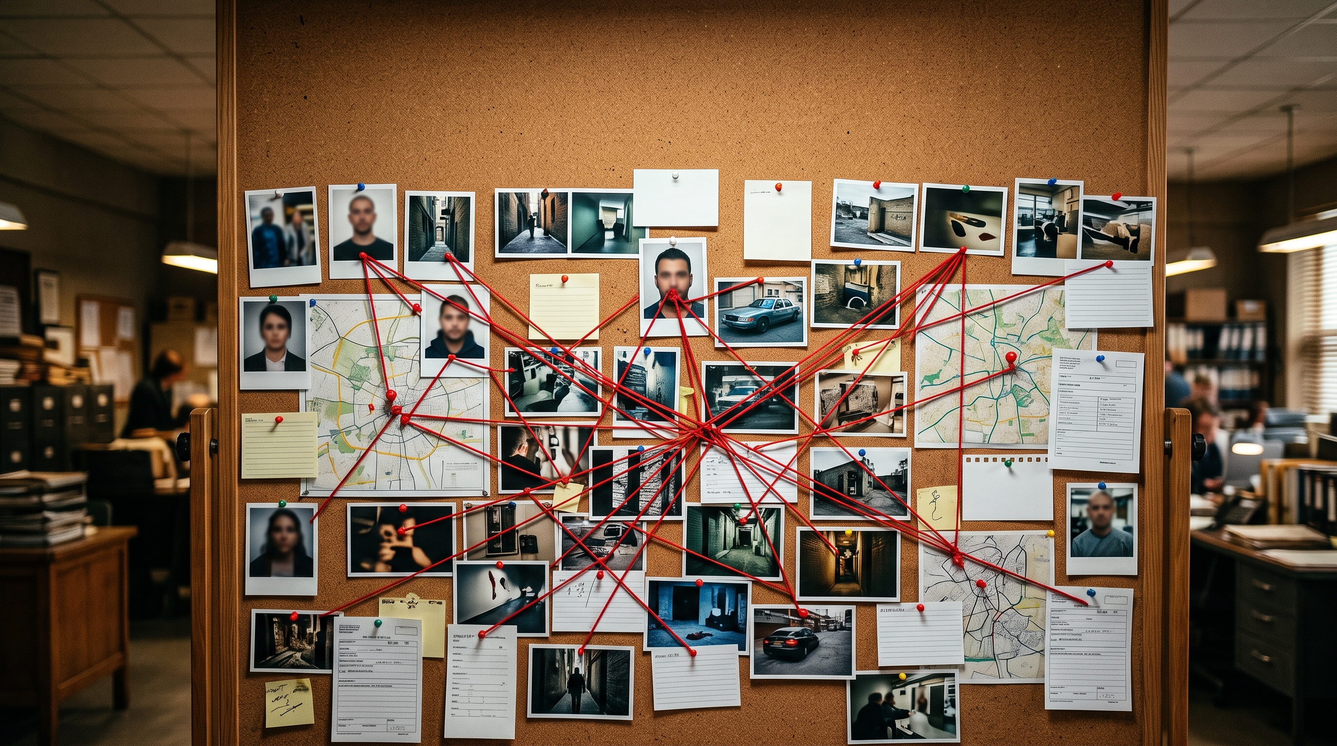 Photorealistic photo of detective evidence board with photos and red strings, no readable writing, wide shot with open space at the top for text, vivid colors, high contrast, energetic, 16:9 aspect ratio