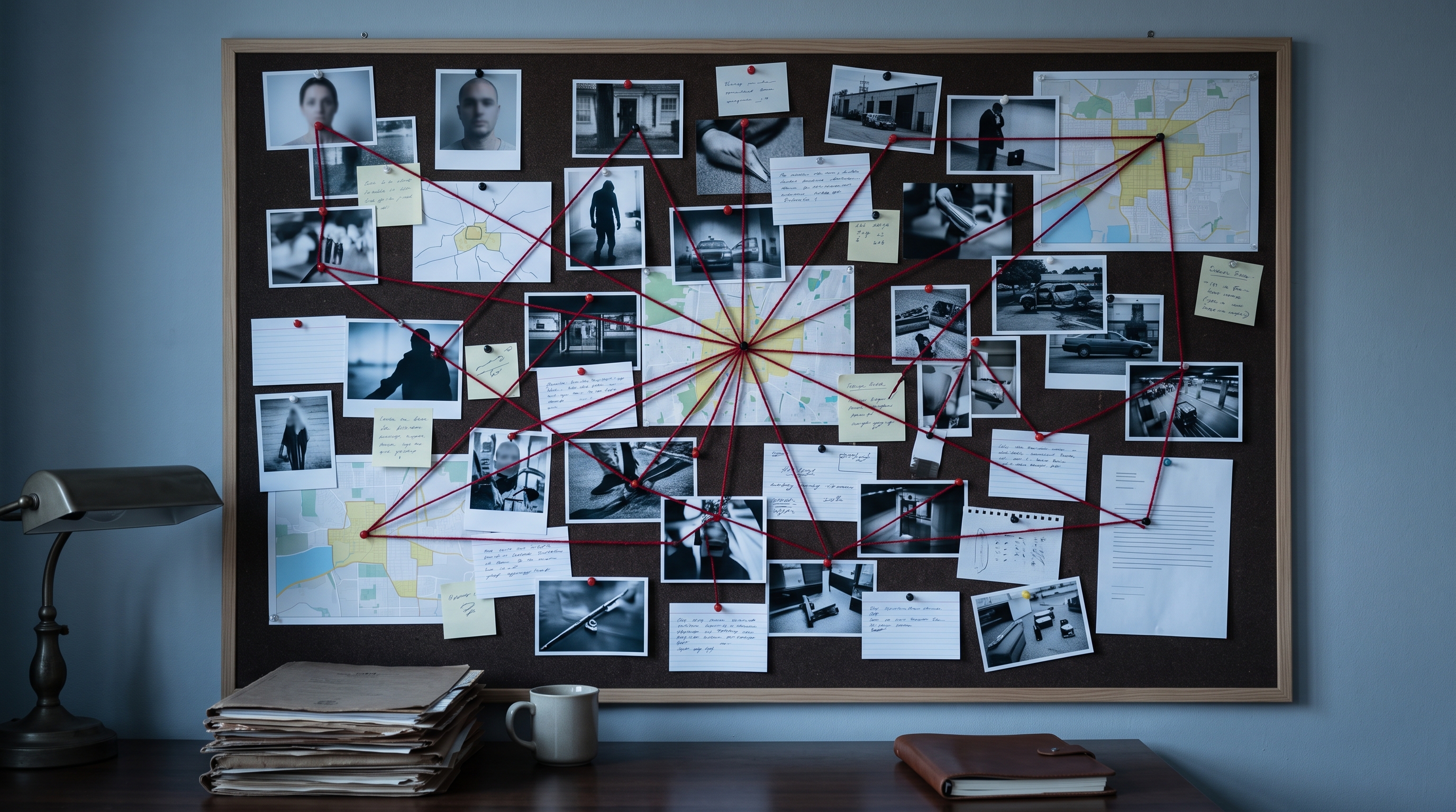 Photorealistic photo of detective evidence board with photos and red strings, no readable writing, centered subject with a simple uncluttered composition, cool blue tones, quiet atmosphere, 16:9 aspect ratio